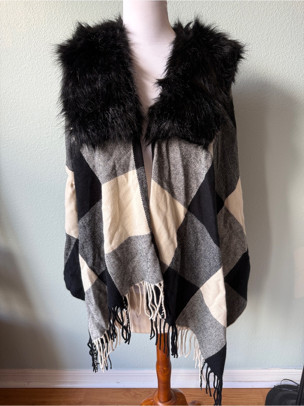 J. Crew Black and Gray Plaid Faux-Fur Collar Poncho - Picture 3 of 8
